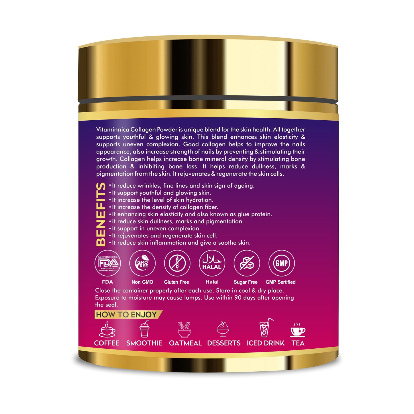 Vitaminnica Vita Beauty Premium Bovine Collagen Powder (Type I & III) with Hyaluronic Acid, Glutathione, Vitamin C, Biotin & Vitamin E | For Glowing Skin & Anti-Aging - 30 servings