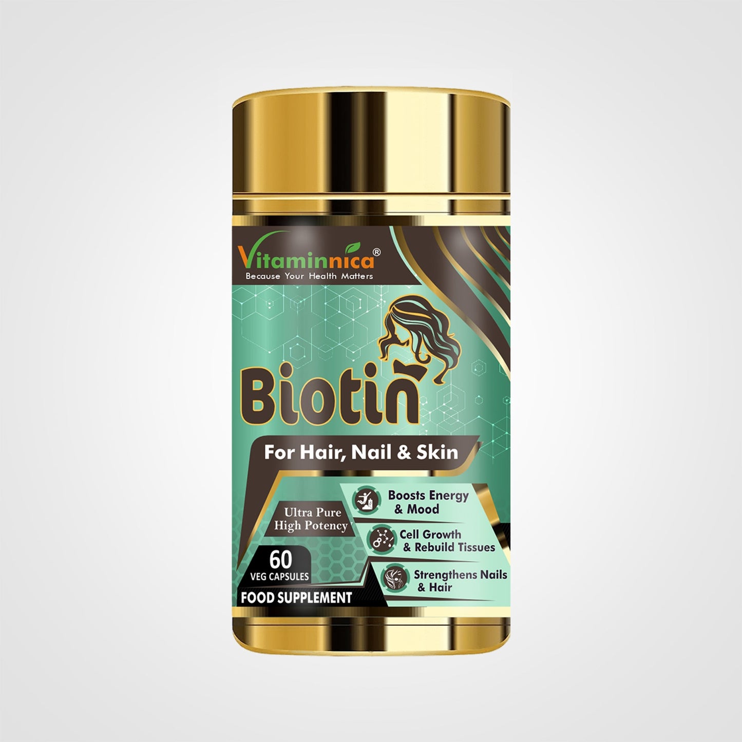 Picture featuring Vitaminnica Biotin supplement - Enhances Hair, Skin, and Nail Health - 60 Capsules