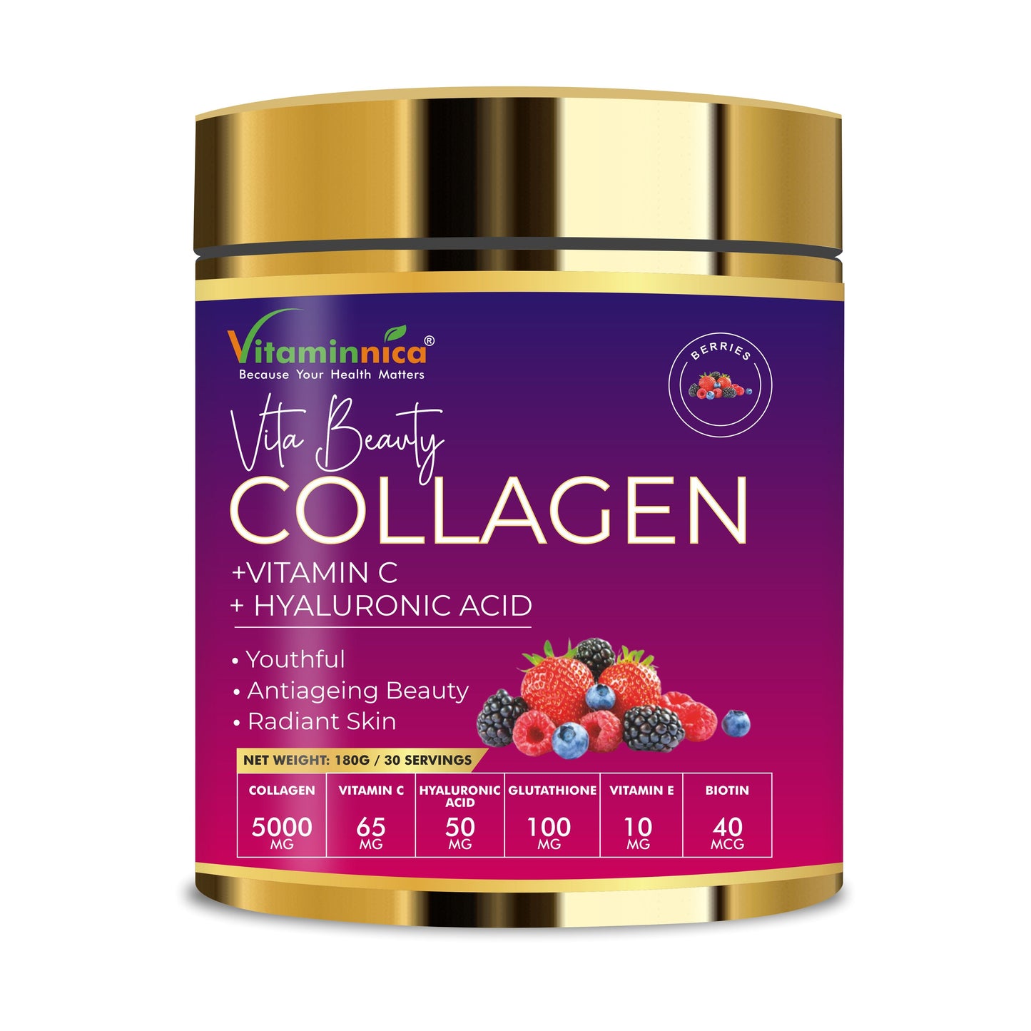 Vitaminnica Vita Beauty Premium Bovine Collagen Powder (Type I & III) with Hyaluronic Acid, Glutathione, Vitamin C, Biotin & Vitamin E | For Glowing Skin & Anti-Aging - 30 servings