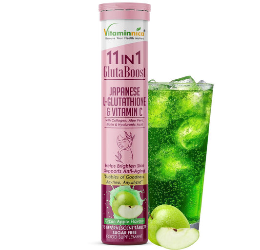 Vitaminnica Gluta Boost 11-in-1 Effervescent Tablets | Japanese L-Glutathione, Collagen, Vitamin C, Biotin & Hyaluronic Acid | Skin Radiance & Beauty Supplement | 15 Tablets