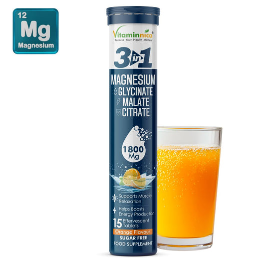 Vitaminnica Magnesium 3-in-1 Effervescent Tablets | Malate, Glycinate & Citrate for Muscle Health, Relaxation and Stress | 15 Tablets