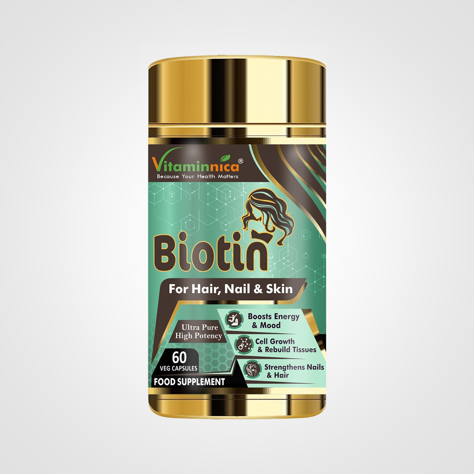 Picture featuring Vitaminnica Biotin supplement - Enhances Hair, Skin, and Nail Health - 60 Capsules